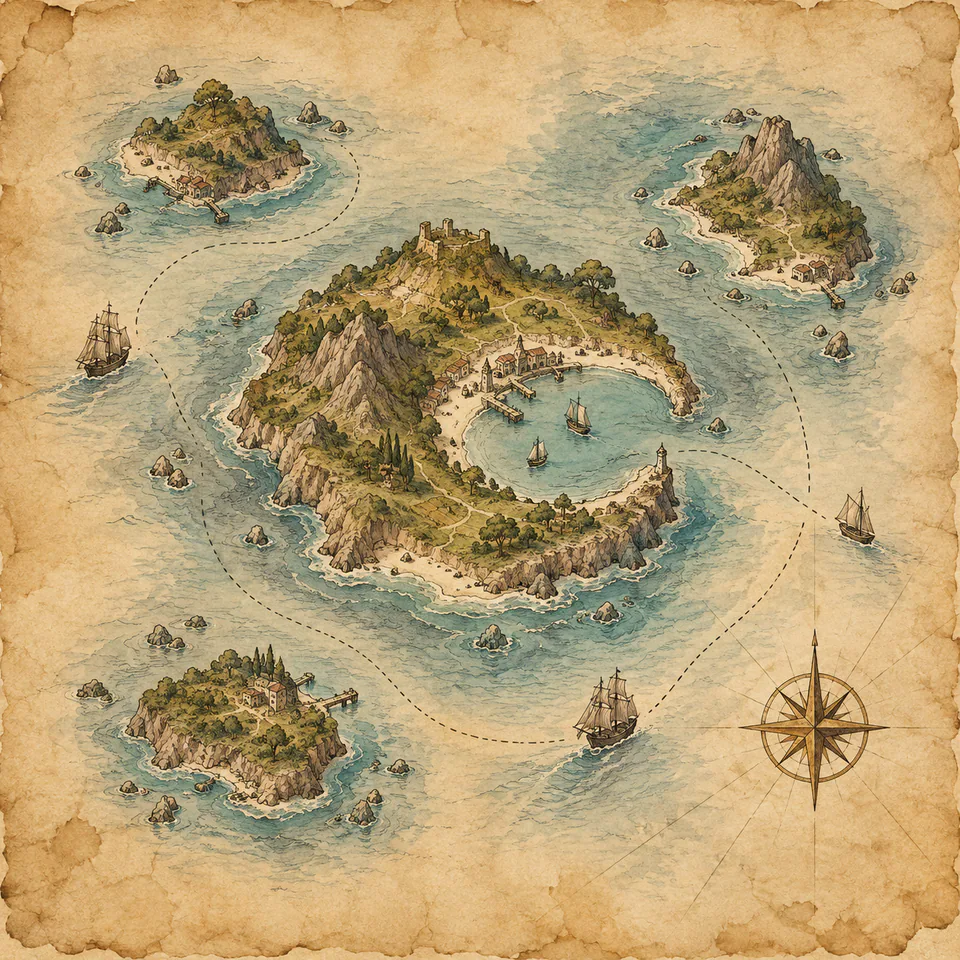Illustrated sea chart: a central harbor island surrounded by smaller islands, ships and dotted trade routes