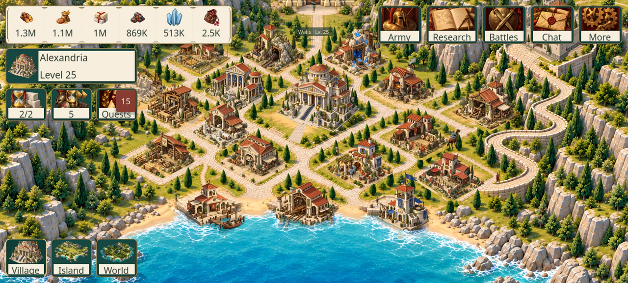A level-25 city in the phone touch layout