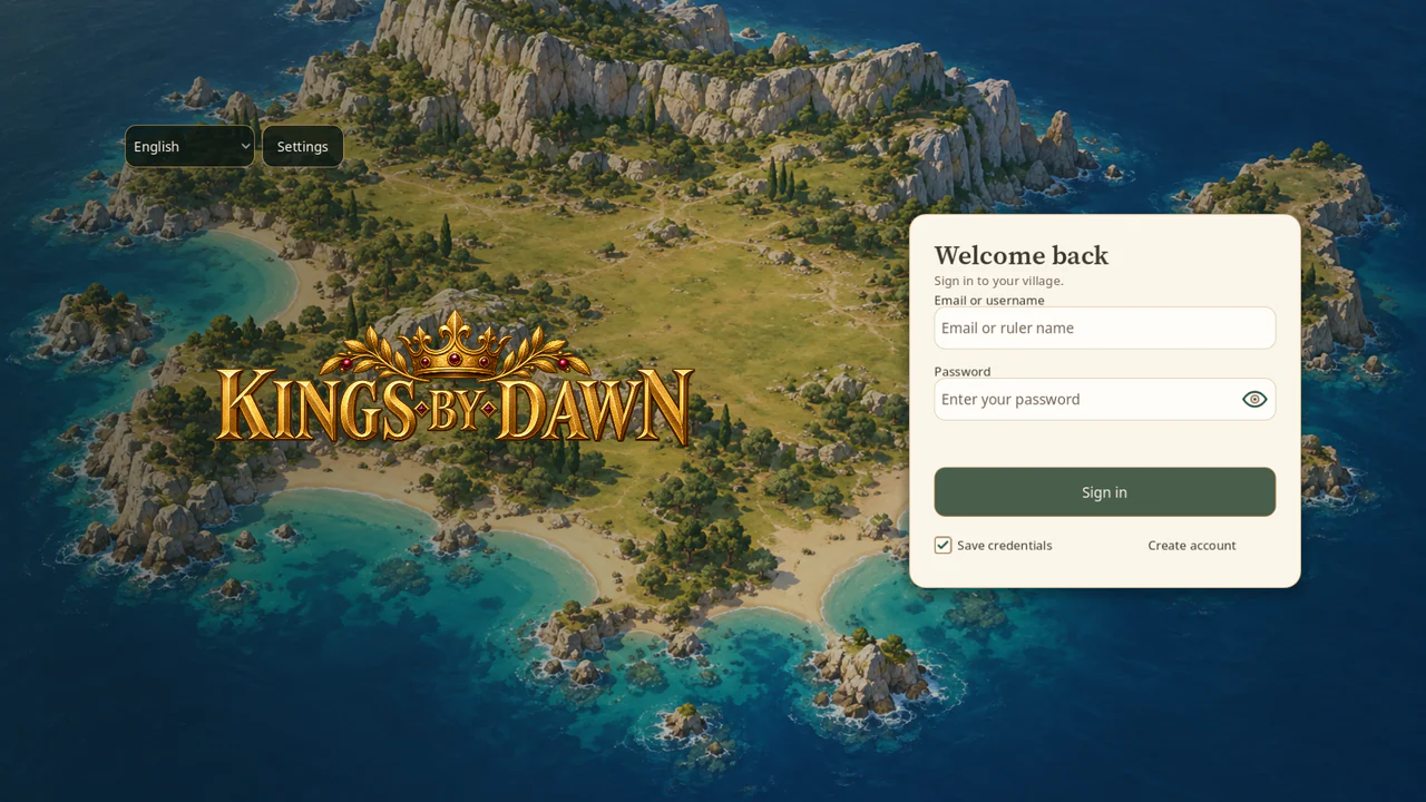 The Kings By Dawn title screen with the sign-in panel